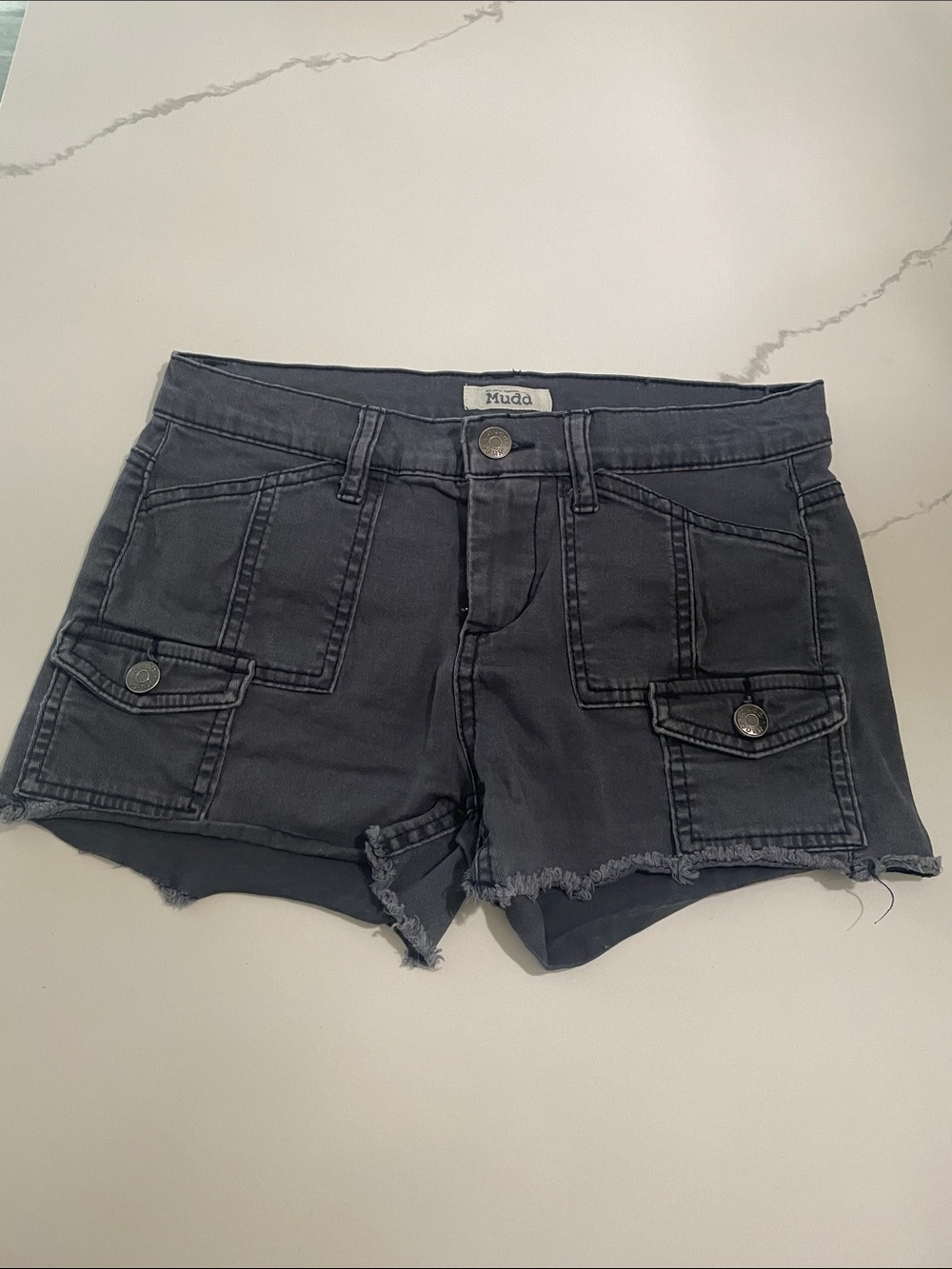 Mudd Charcoal Frayed Hem Cargo Denim Shorts